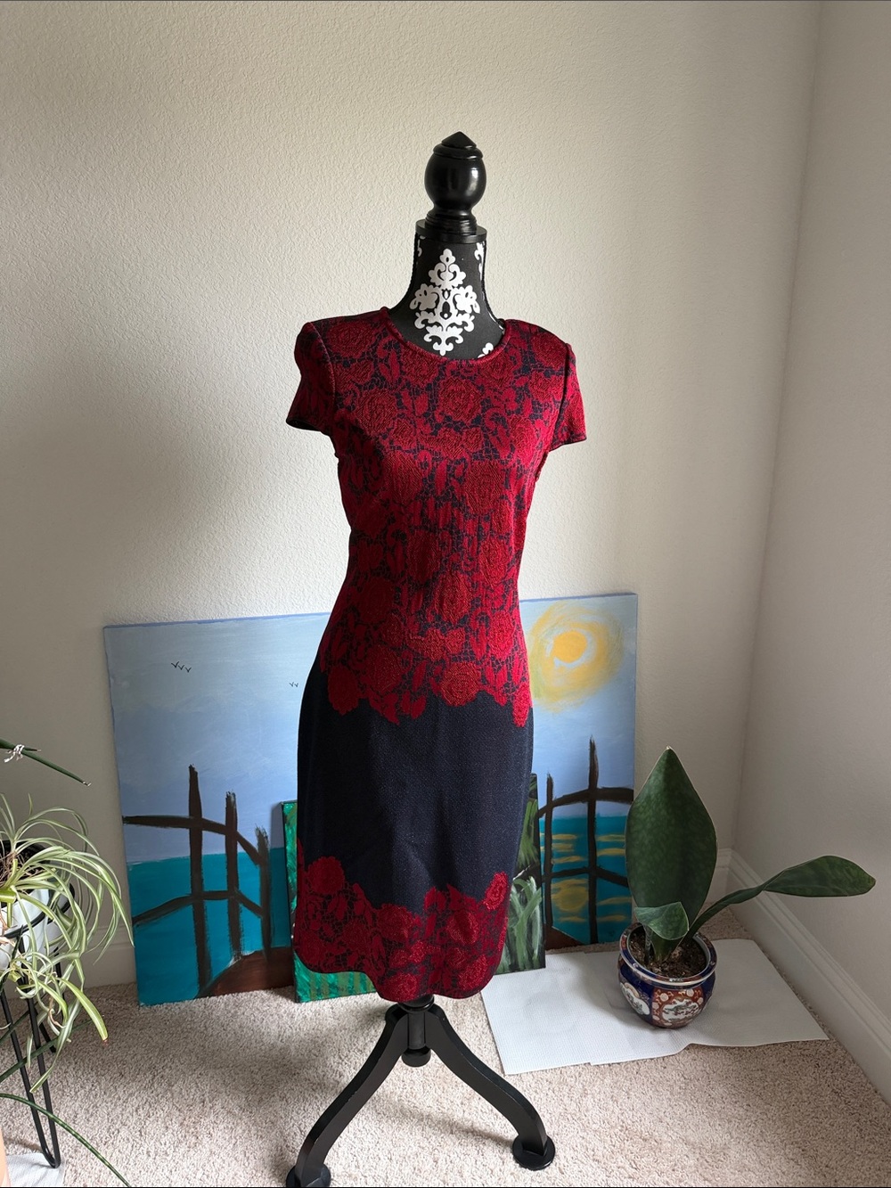 St. John Red and Black Floral-Pattern Knit Midi Dress
